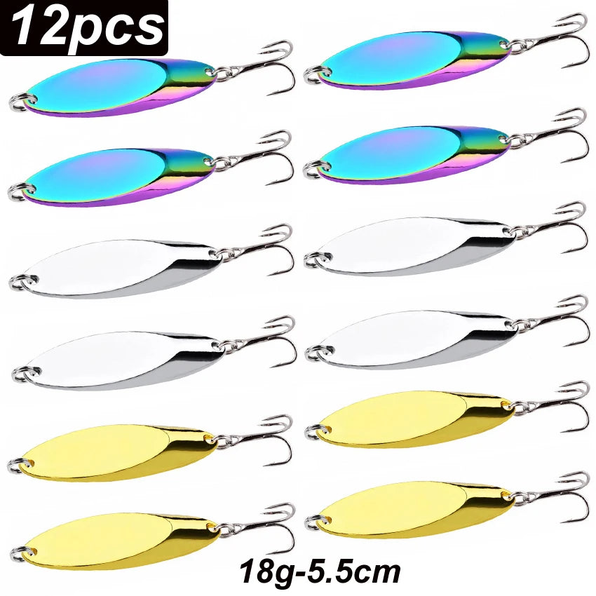 12pcs Metal Spinner Spoon Lures Trout Fishing Lure Hard Bait Sequins Paillette Artificial Baits Spinnerbait Fish Tools 1.5g-56g