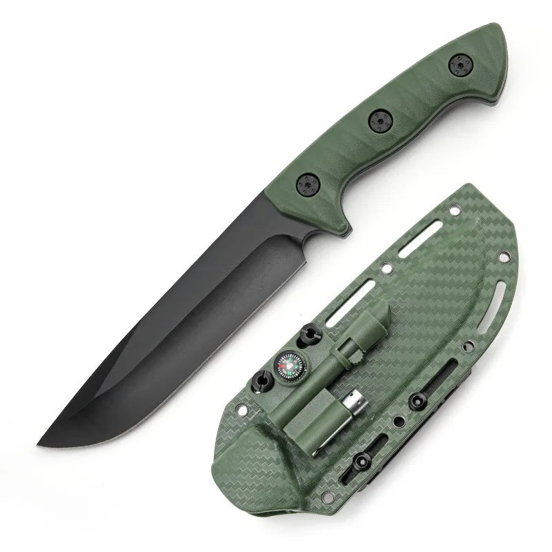 Outdoor straight knife, tactical K-sheath knife, camping survival knife with whistle, magnesium rod, compass, flashlight