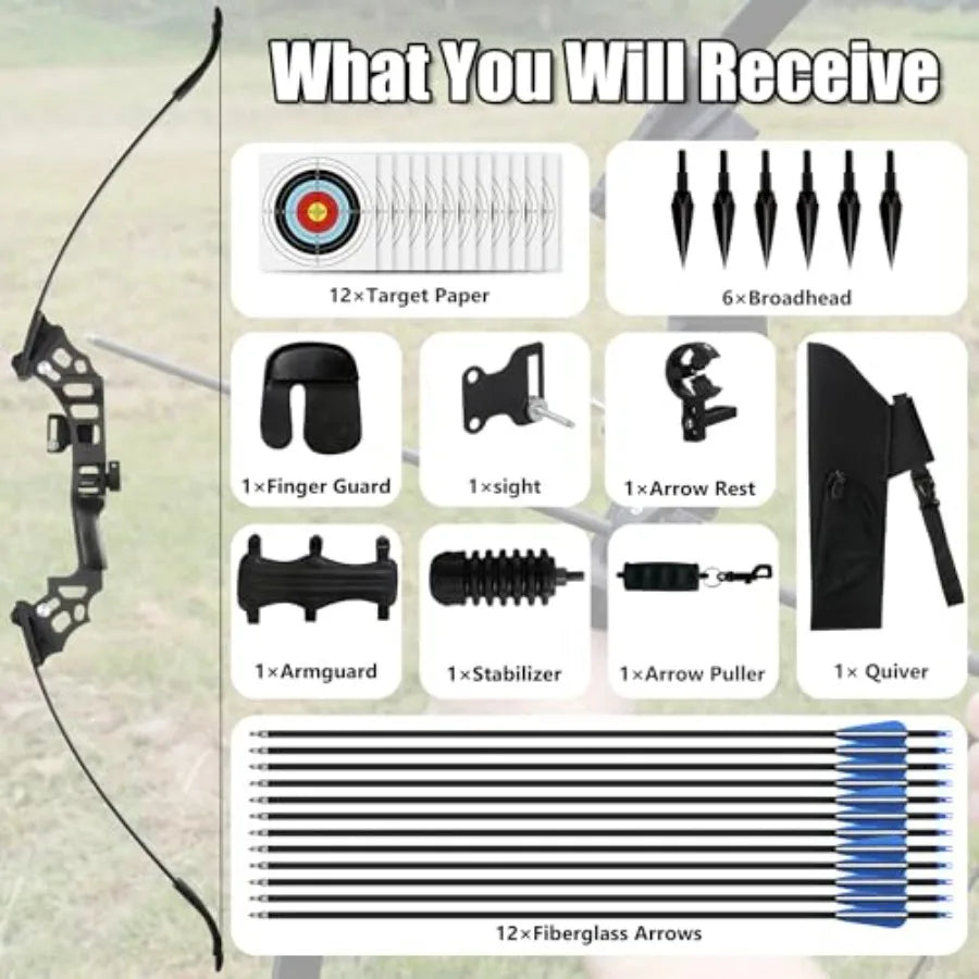 30/40lbs Recurve Bow and Arrow Set for Adults Right-Handed Takedown Bow with Carbon Arrows Hunting and Archery Practice Kit for