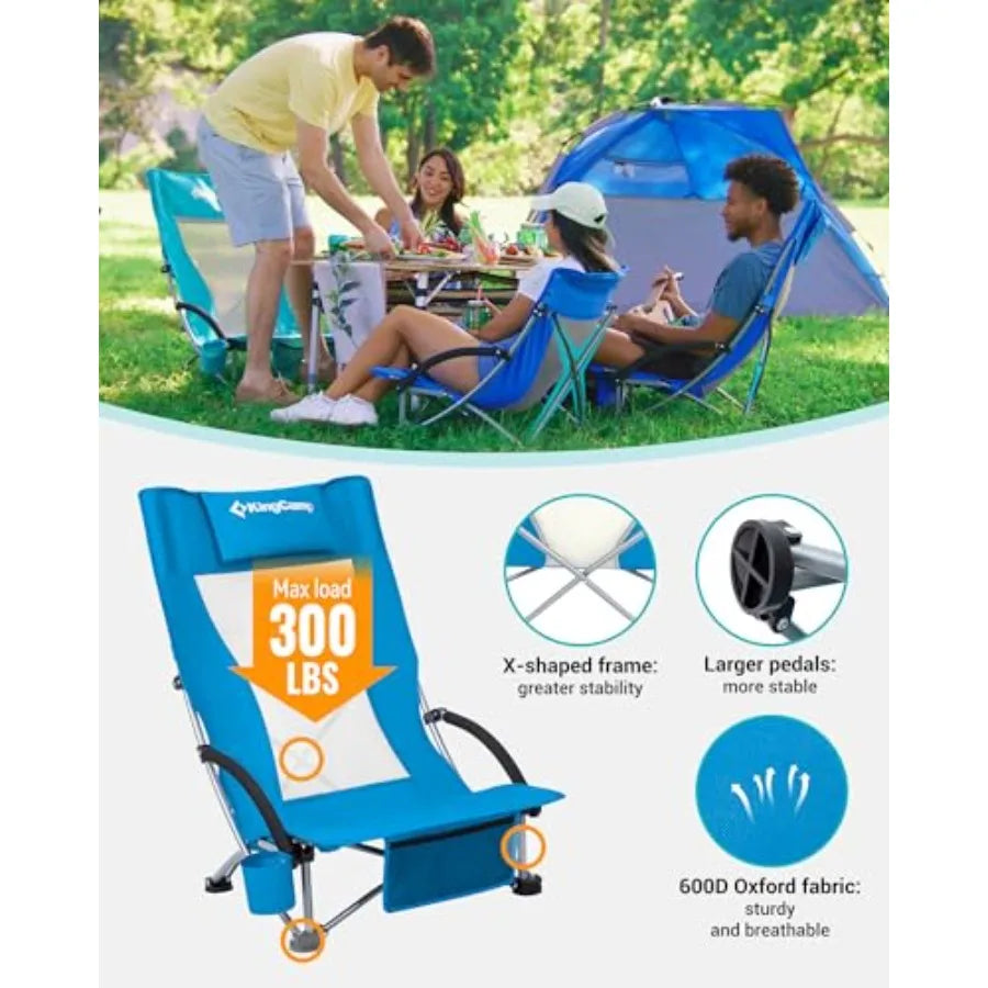 High Back Folding Beach Chair for Adults Oversized Breathable Mesh Seat in Black 300lbs Heavy Duty Portable Chair with Cup Hold