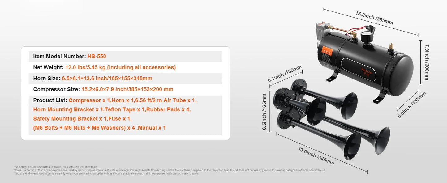 SucceBuy Train Horns Kit 4 Trumpet Air Horn Kit 150dB Train Horns 12V 120psi Air Compressor for Car Truck Train Van Boat Pickup