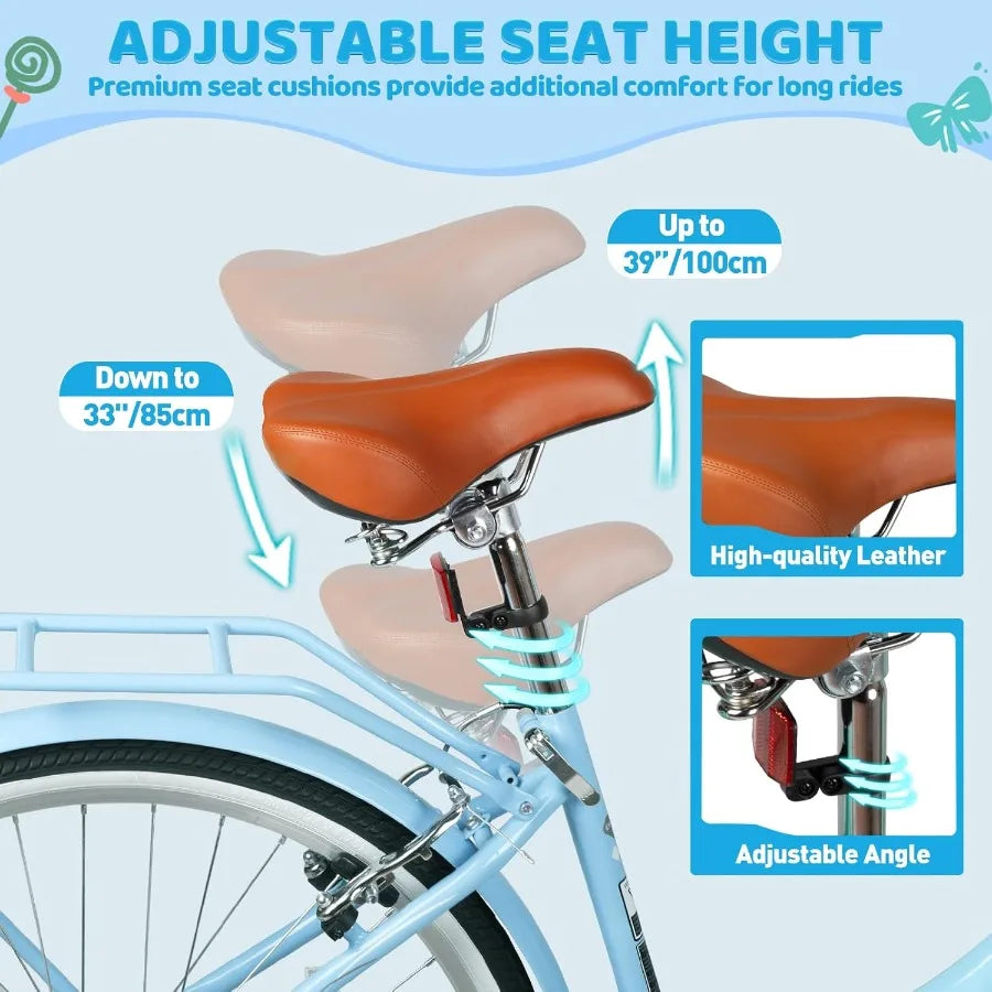 26 Inch Beach Cruiser Bike for Ladies 7-Speed Women Bike for Adults with Basket Rack Ideal City Bicycle for Commuting and Leisu