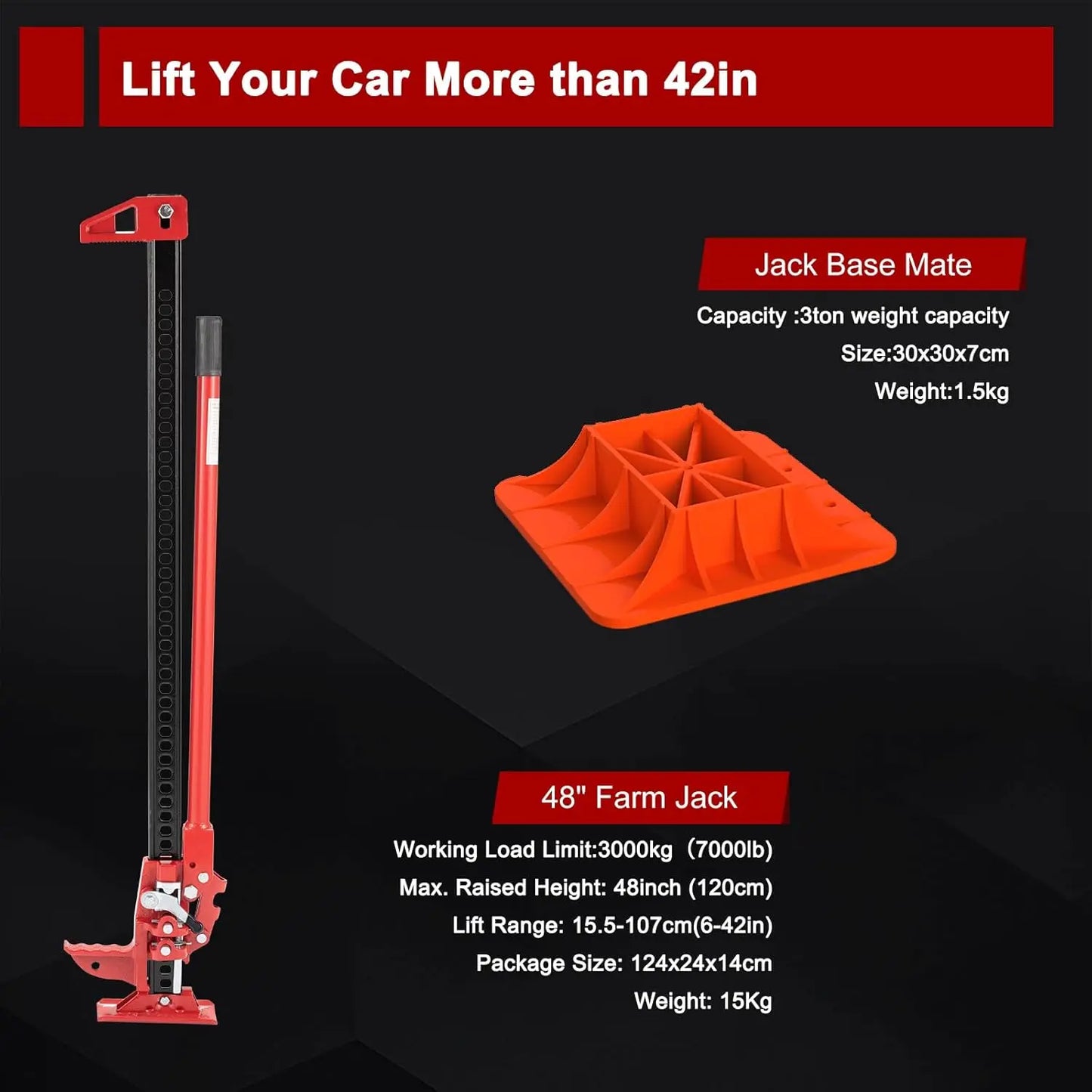 48" Heavy Duty High Lift Farm Jack with Base Plate, 3 Ton Capacity for Offroad Recovery on Trucks & SUVs