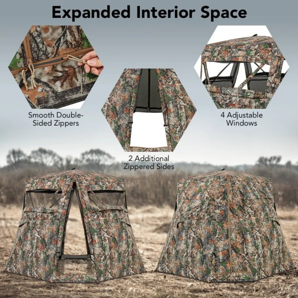 360° Pop Up Hunting Ground Blind W/4 Full Panels Of One-Way See-Through Fabric