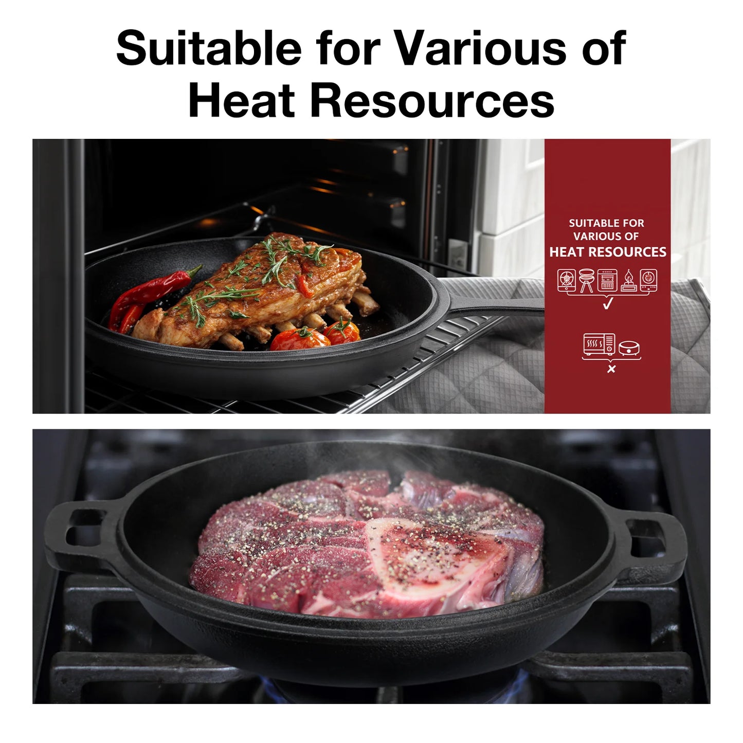 Dutch Oven & Skillet Combo,Preseasoned Cast Iron Cookware Set,2-In-1 Multi Cooker - Deep Pot + Frying Pan,Works for Bread, Indoo