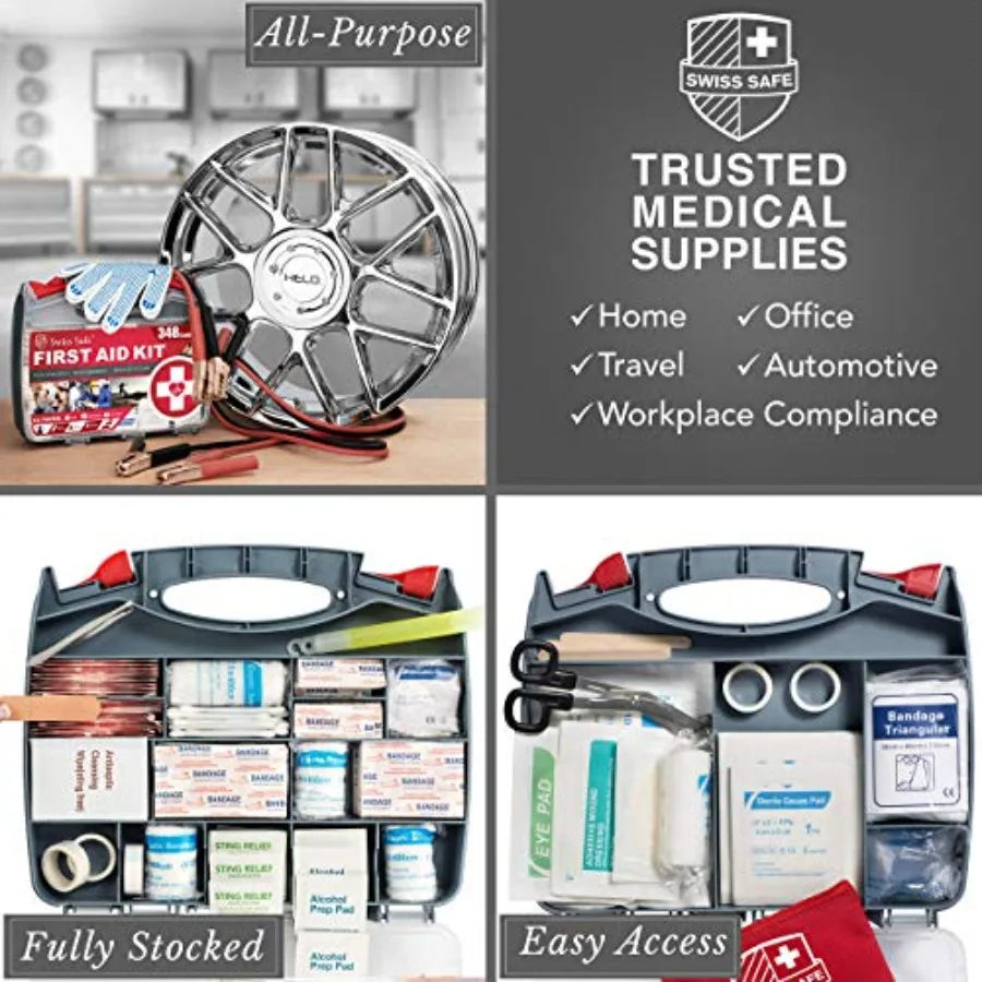 2-in-1 Car Emergency Kit with 12-FT Heavy-Duty Jumper Cables and 378-Piece First Aid Supplies Compact Roadside Safety Essential