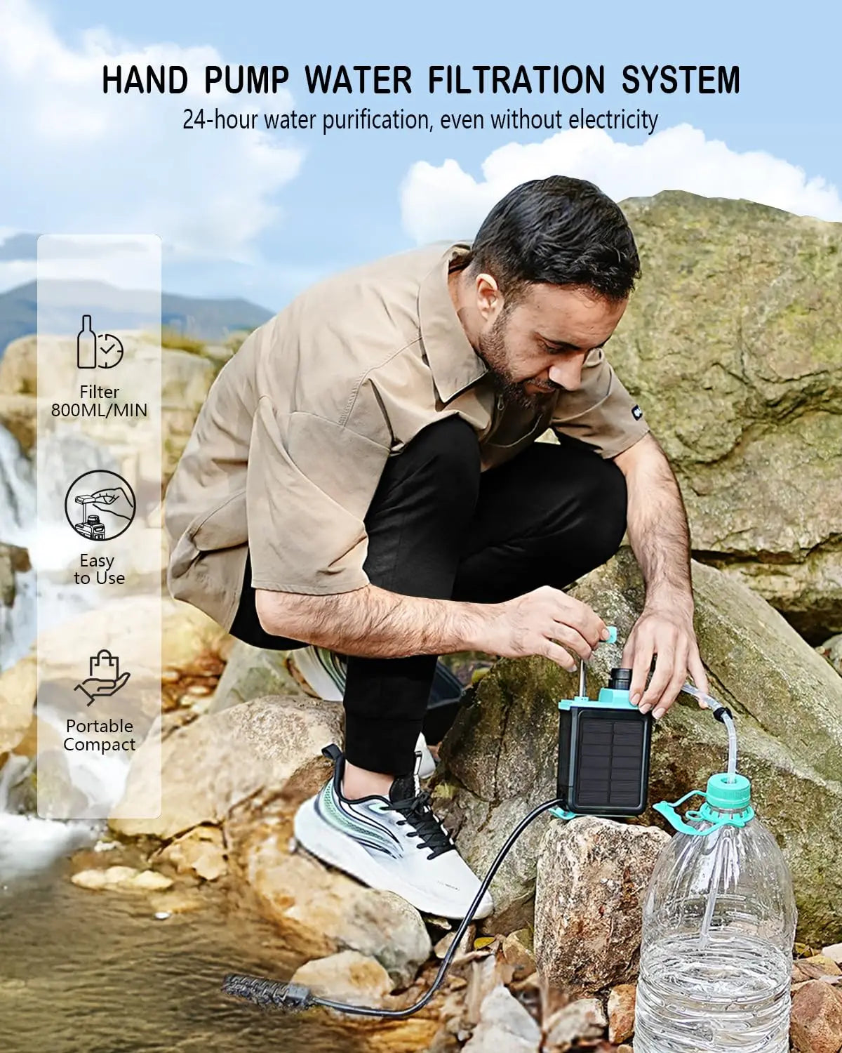 3-in-1 Solar Electric Water Filter with Hand Pump - Portable Camping Purifier Survival Kit Emergency Light
