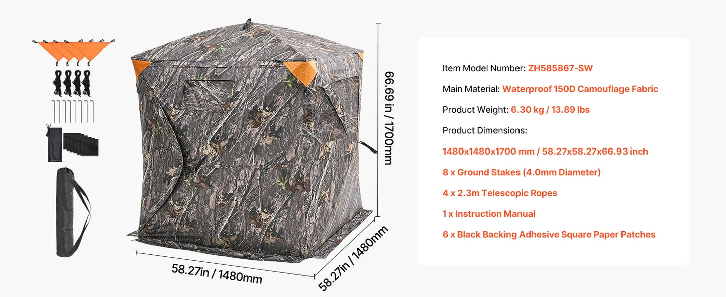 SucceBuy Hunting Blind, 270° See Through Ground Blind, 2-3 Person Pop Up Deer Blind for Hunting with Carrying Bag, Portable Tent