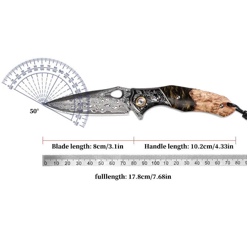 High Quality Damascus Steel Pocket Knife with Sheath, Resin Maple Handle, EDC Survival Adventure Tools Hunting Folding Knife