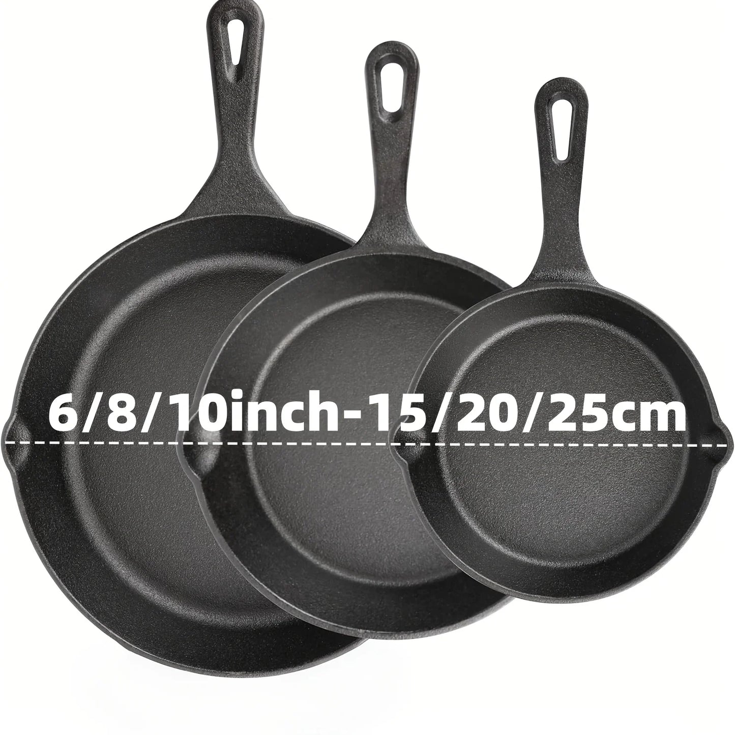 3-Piece Cast Iron Skillet Set (6/8/10 Inch) - Pre-Seasoned, Non-Stick, Heavy-Duty Pans for Oven, Grill & Campfire Cooking