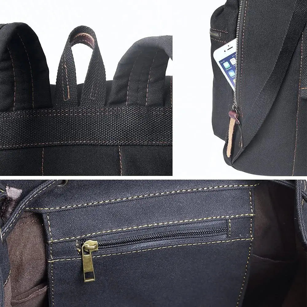Vintage Leather-Trimmed Casual Backpack for Men and Women, Laptop and Travel Rucksack
