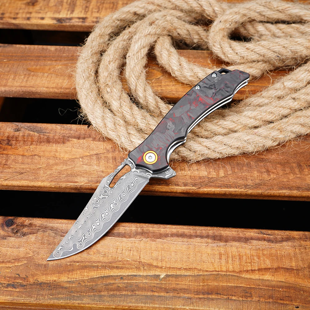 Carbon Fiber Folding Knife Damascus Steel Pocket Knife Outdoor Camping Survival Tactical Hunting Combat Knives EDC Hand Tool