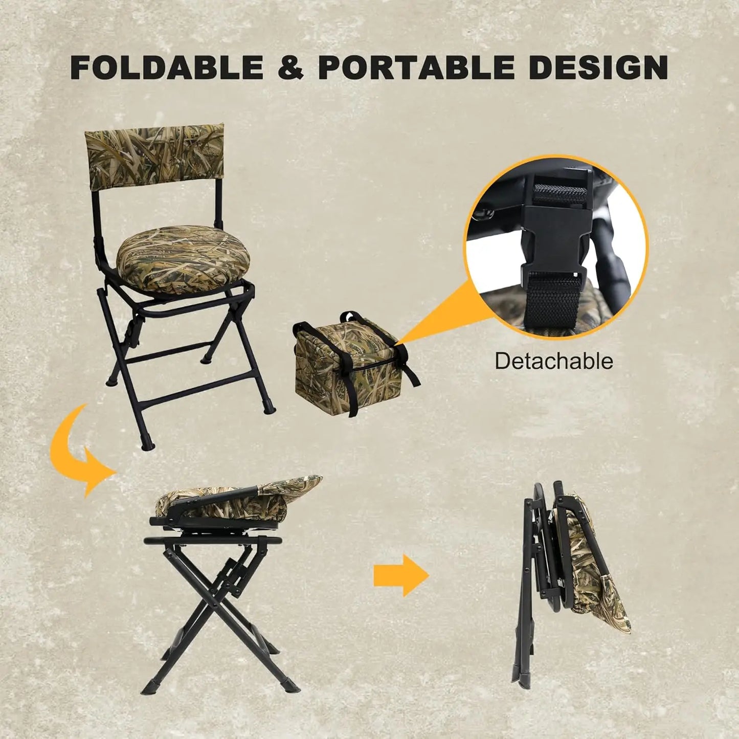 360° Swivel Hunting Chair, Folding Fishing & Camping Seat, Lightweight Portable with Padded Cushion, Reed Camo (No. 3)