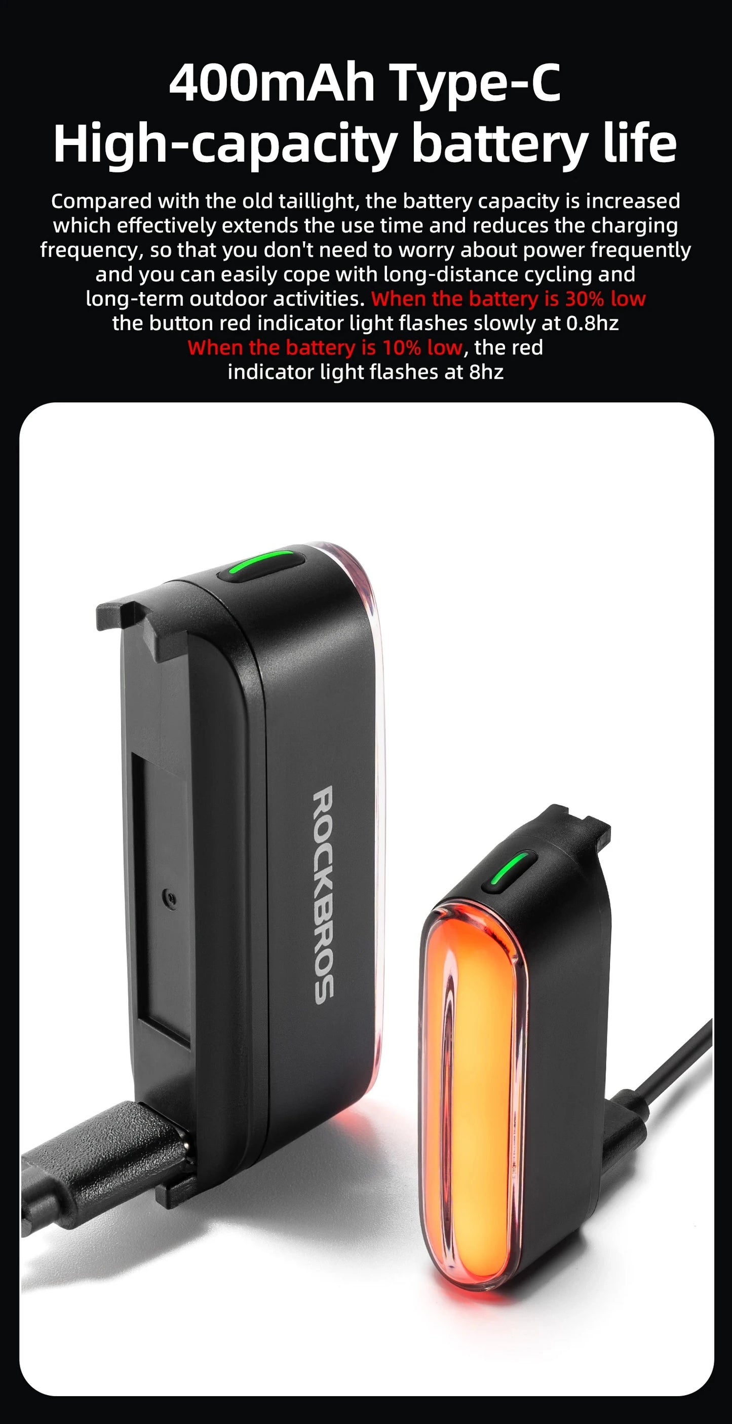 ROCKBROS Bicycle Light Magnetic Smart Tail Light Type-C Charge 7 modes 400mAh LED Lamp Beads Intelligent Brake Sensor Function