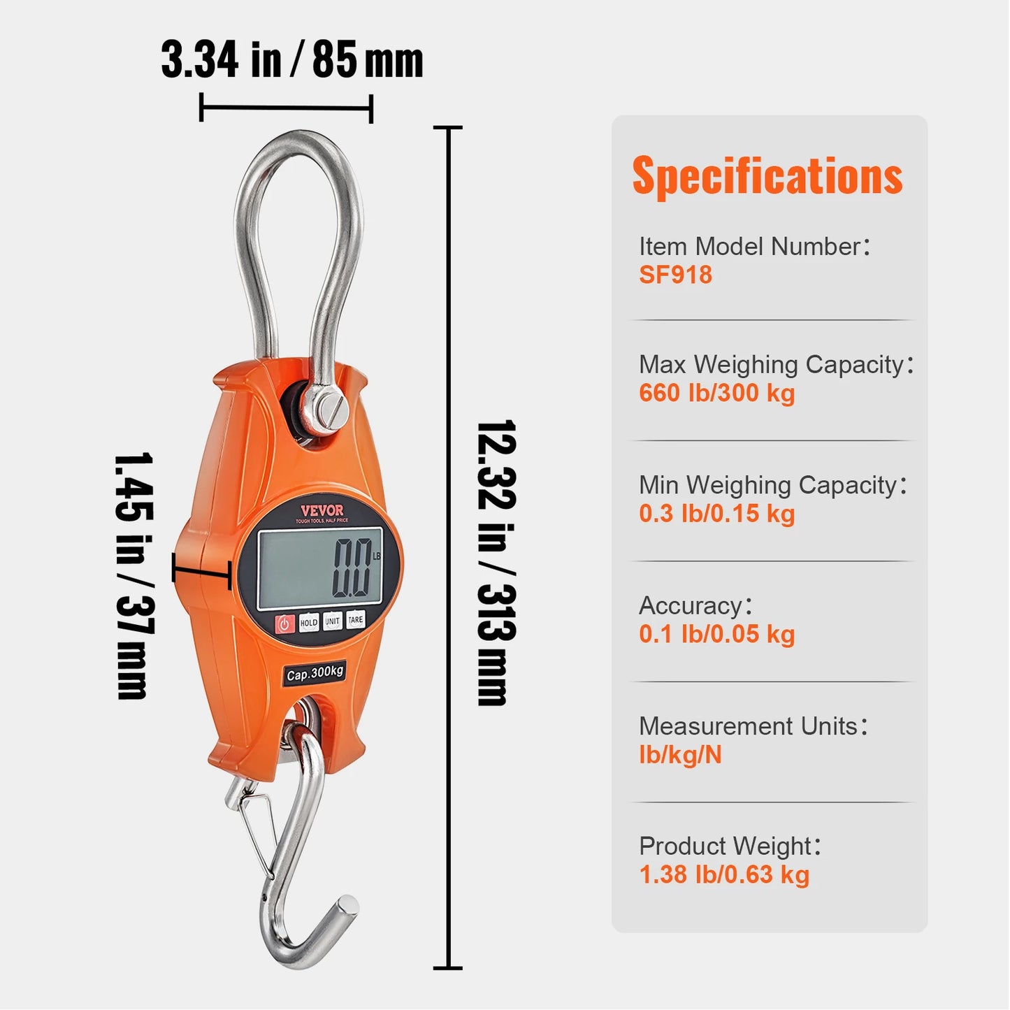 SucceBuy 300/400kg Digital Crane Scale Industrial Hanging Scale Handheld Mini Crane with Hooks Screen for Outdoor Fishing Garage