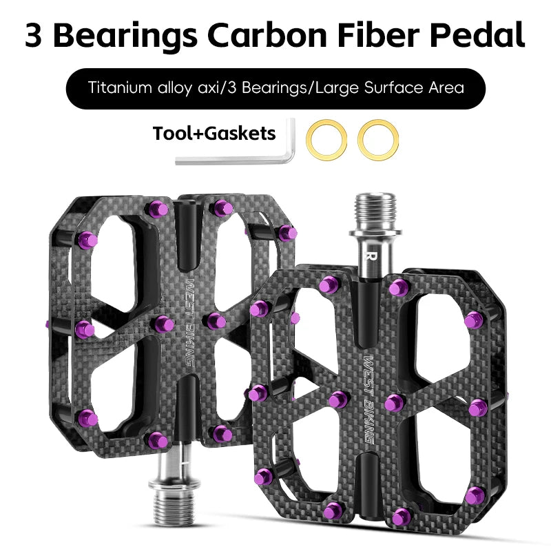 WEST BIKING T700 Carbon Fiber Bike Pedals 3 Bearing Cycling Pedals Titanium Alloy Anti-Slip MTB Road Bicycle Pedal Accessories