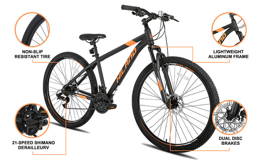 HILAND 29 inch mountain bike with a 21 speed aluminum frame, Shimano gearbox, disc brake, suspension fork，black/blue