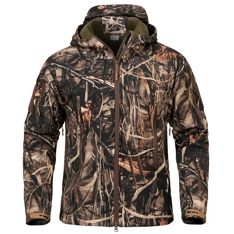 Men's Silent Camouflage Hunting Jacket Soft Shell Outdoor Hiking Fishing Hooded Coat Waterproof Fleece Tactical Jackets
