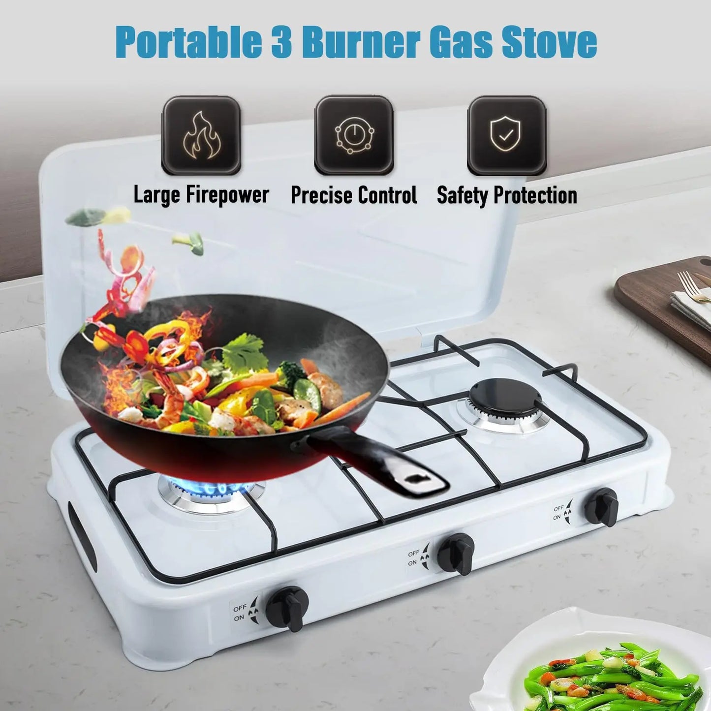 Dyrabrest 3 Burner Portable Propane Gas Stove 24 Inch Lpg Camping Cooking Cooktop Heavy-Duty Burners with Hose for Outdoor Grill