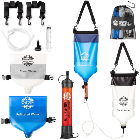 Portable Water Filter System with 2 Hanging Bags for Camping, Hiking, Survival - Includes Plunger