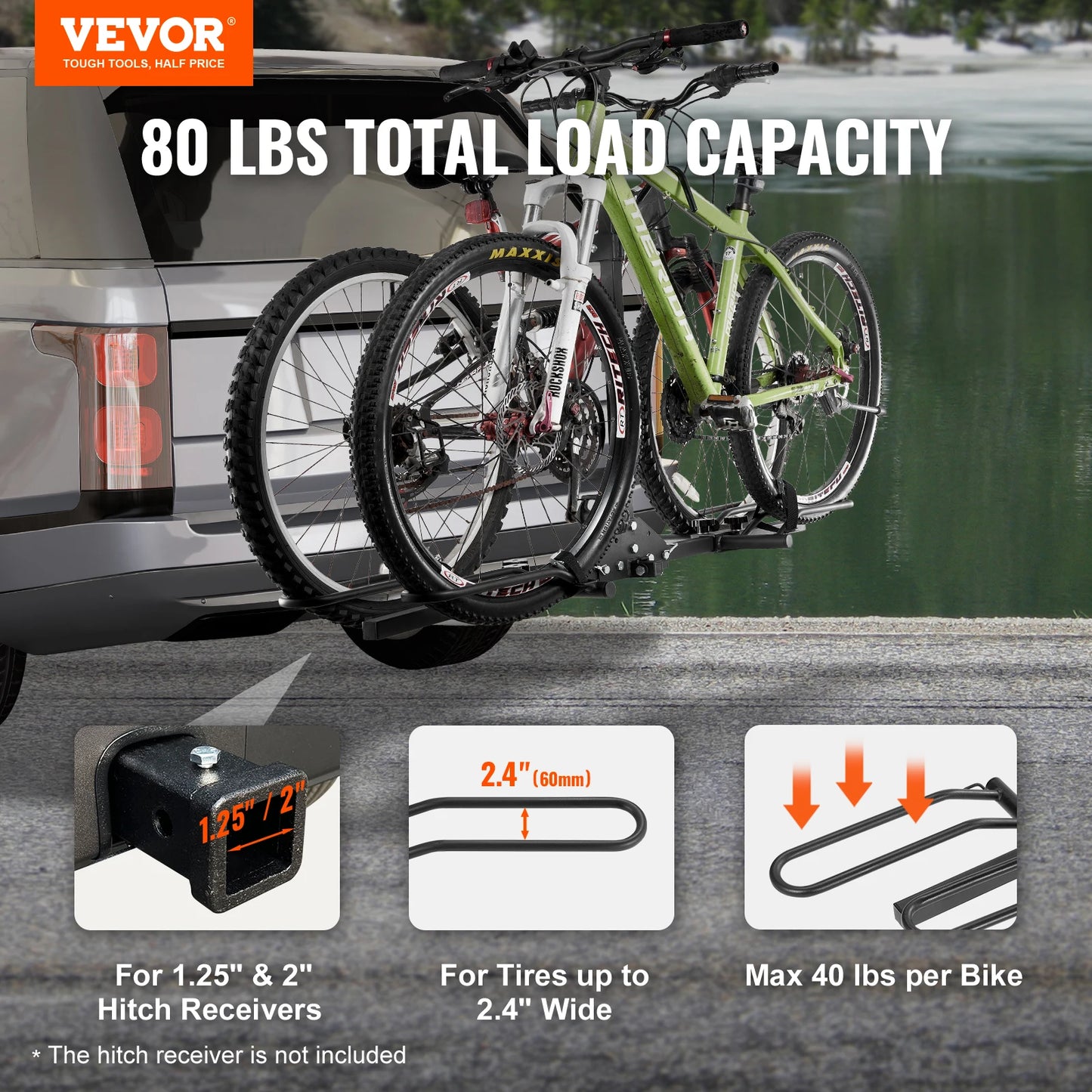 SucceBuy Hitch Mount Bike Rack 2-Bike Platform Style 80 LBS Max Capacity for 1.25-/2-inch Receiver Bike Carrier for Car