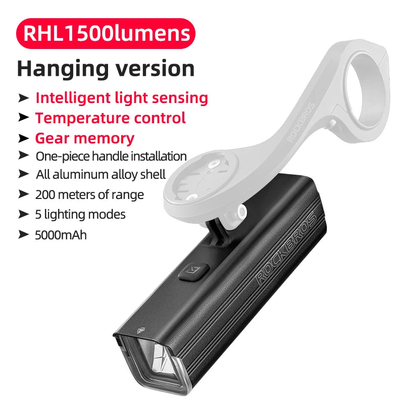 ROCKBROS Bicycle Light 1500LM Aluminum Alloy Type-C Charging Smart Bike Front Lights Hanging Version LED Lamp Cycling Headlights