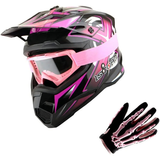Professional Racing Motocross MX BMX Helmet in Pink with Integrated Goggles and Skeleton Pink Cycling Gloves Ideal for High-Per