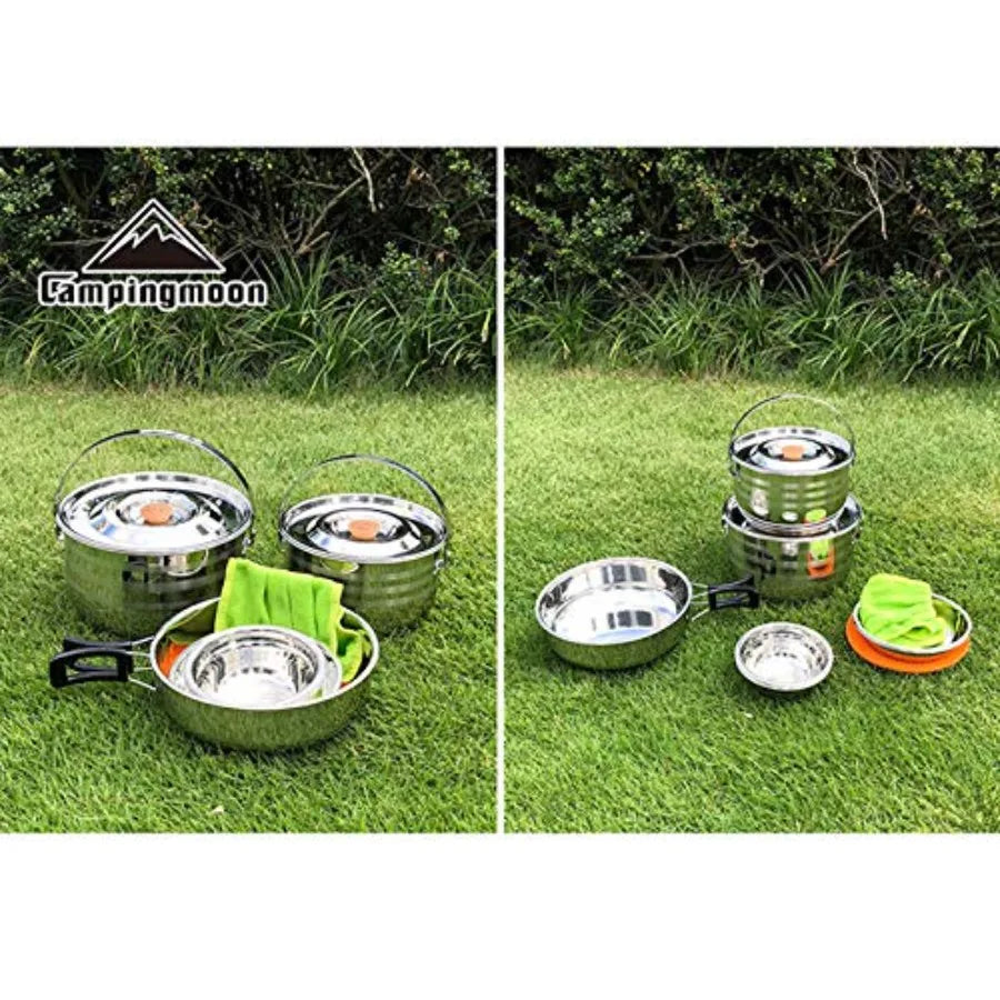 CAMPINGMOON Camping Cookware Set Stainless Steel Outdoor Nesting Cooking Mess Kit Pots Pans Bowls with Storage Carrying Tote Ba