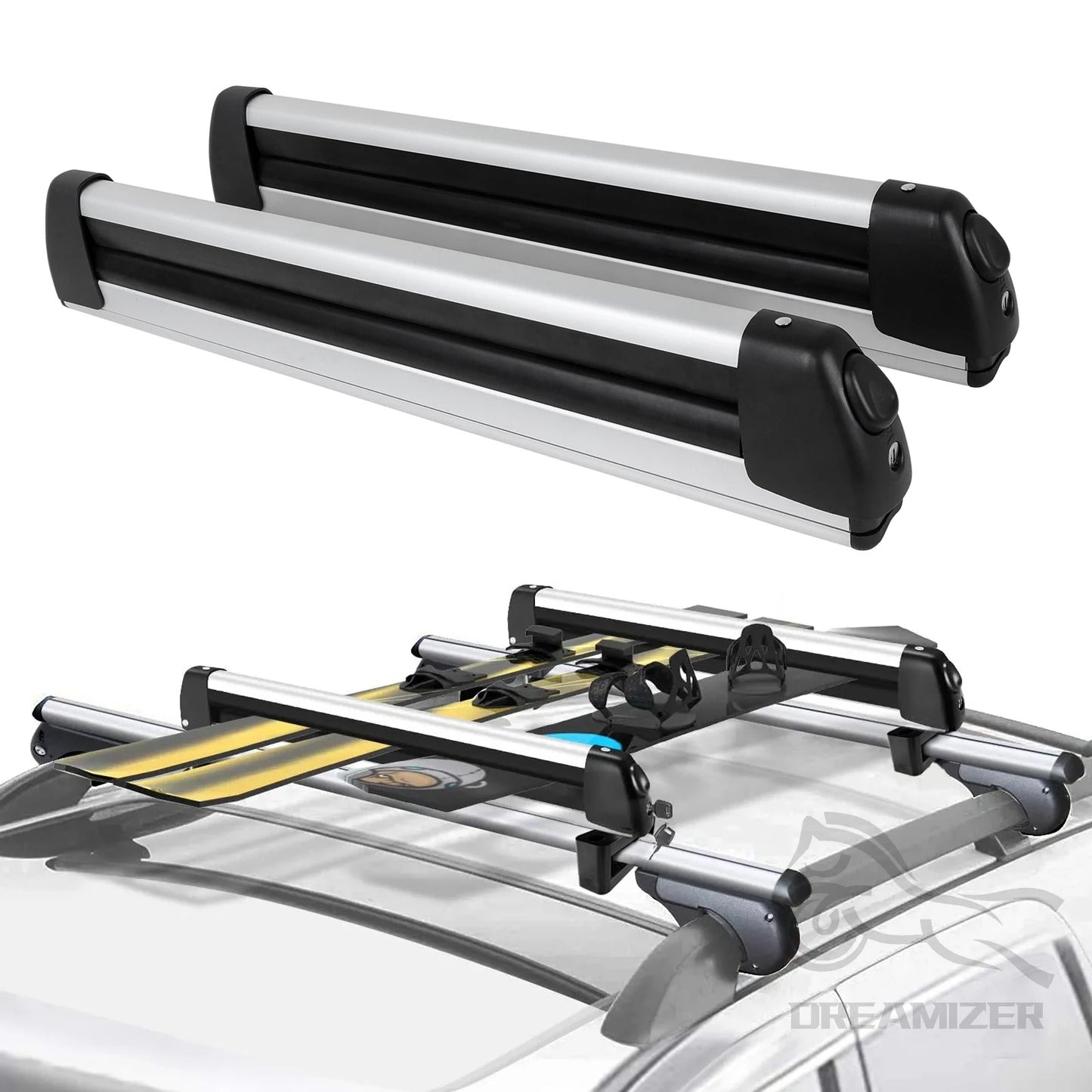 2PCS-Pack Ski And Snowboard Roof Rack Car Rack Carrier Ski Car Rack Snowboard Roof Carrier Aluminum Alloy Ski Roof Carrier