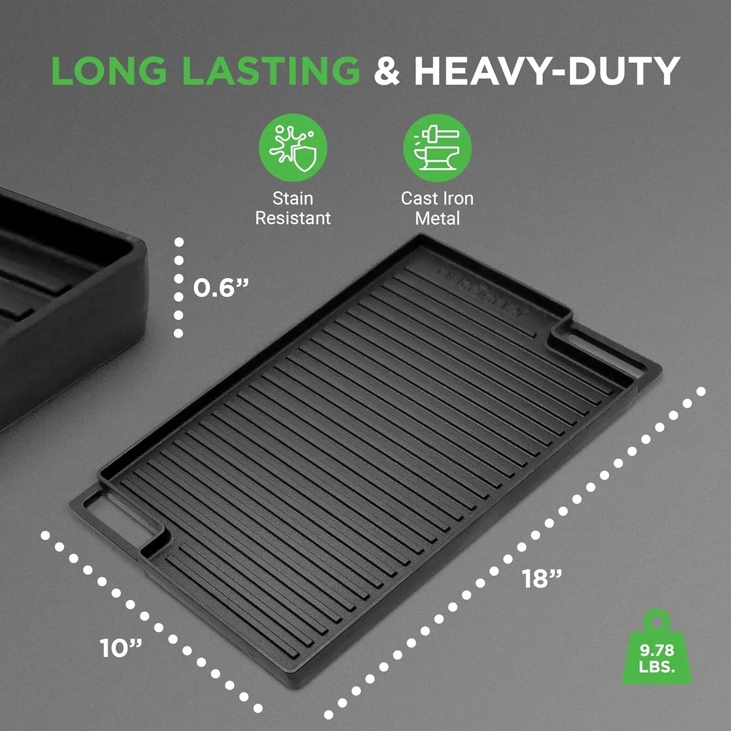 Cast Iron Reversible Grill Plate – Flat Skillet Griddle Pan for Stove Top Cooking, Fits Gas, Electric, Ceramic & Induction