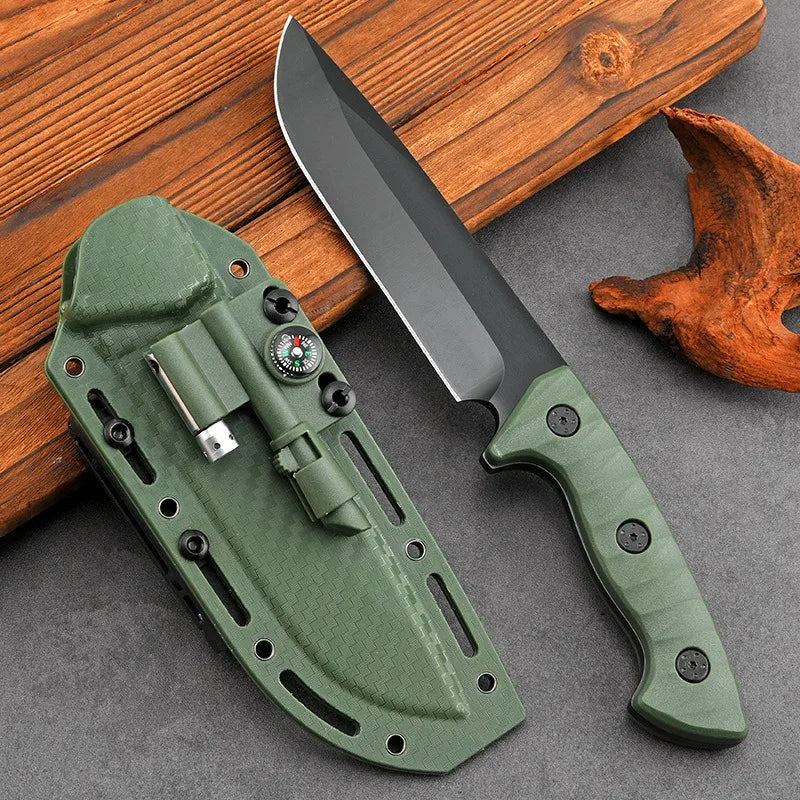 Outdoor straight knife, tactical K-sheath knife, camping survival knife with whistle, magnesium rod, compass, flashlight