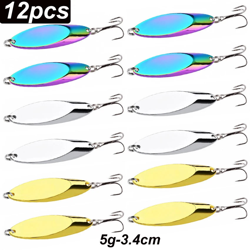 12pcs Metal Spinner Spoon Lures Trout Fishing Lure Hard Bait Sequins Paillette Artificial Baits Spinnerbait Fish Tools 1.5g-56g