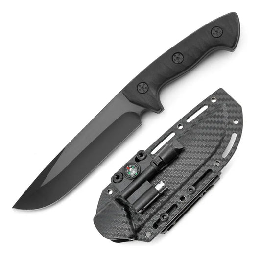 Outdoor straight knife, tactical K-sheath knife, camping survival knife with whistle, magnesium rod, compass, flashlight