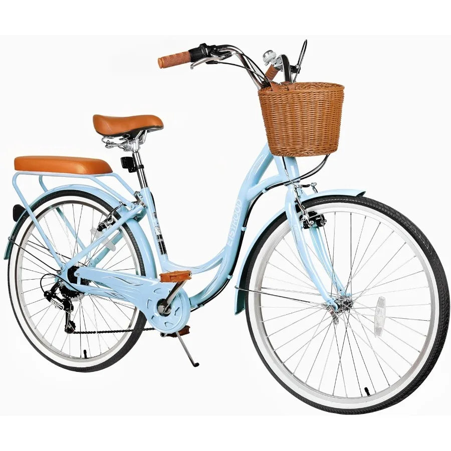 26 Inch Beach Cruiser Bike for Ladies 7-Speed Women Bike for Adults with Basket Rack Ideal City Bicycle for Commuting and Leisu