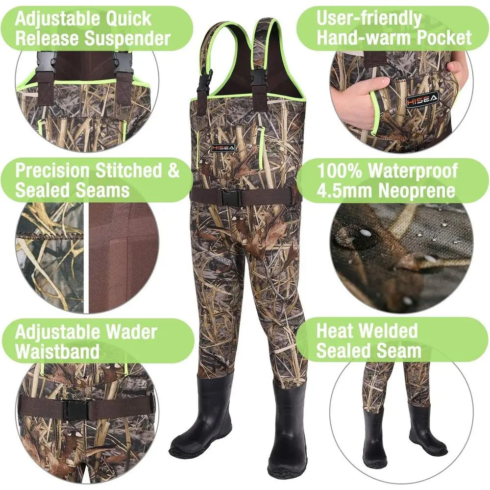 HISEA Kids Chest Waders for Toddler & Children, Youth Neoprene Waterproof Hunting Fishing Wader with Insulated Boots Boy Girl