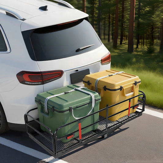 Hitch Mount Basket Folding Cargo Rack Rear Luggage Basket 500 LBS Capacity with Hitch Stabilizer for SUV Pickup Truck Trailer