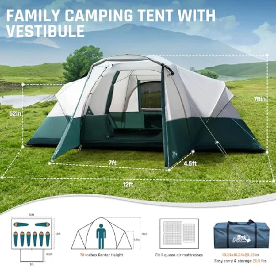 8 Person Camping Tent with Porch, Large Family Tents for Camping, PU1000MM Waterproof Tent with 5 Mesh Windows, Removable Rainfl