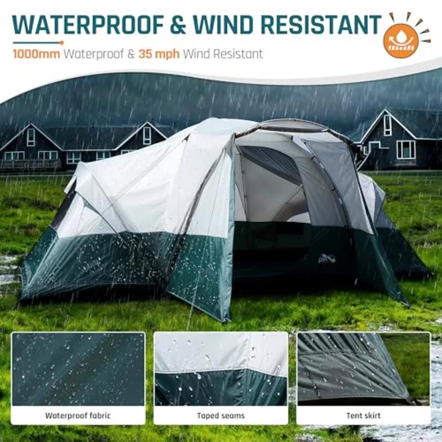 8 Person Camping Tent with Porch, Large Family Tents for Camping, PU1000MM Waterproof Tent with 5 Mesh Windows, Removable Rainfl