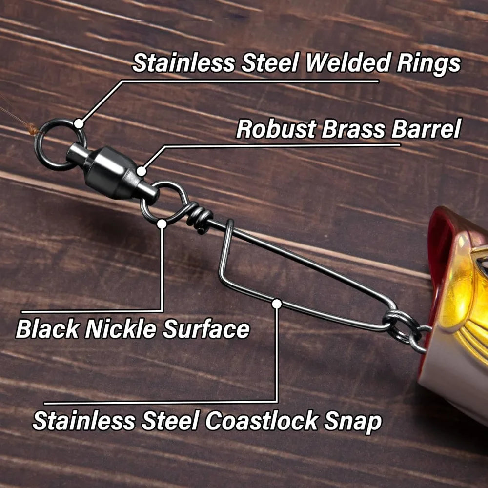 FishTrip Fishing Snap Swivels Ball Bearing Swivels with Stainless Steel Coastlock Snap Corrosion Resistant Black Nickel Coating