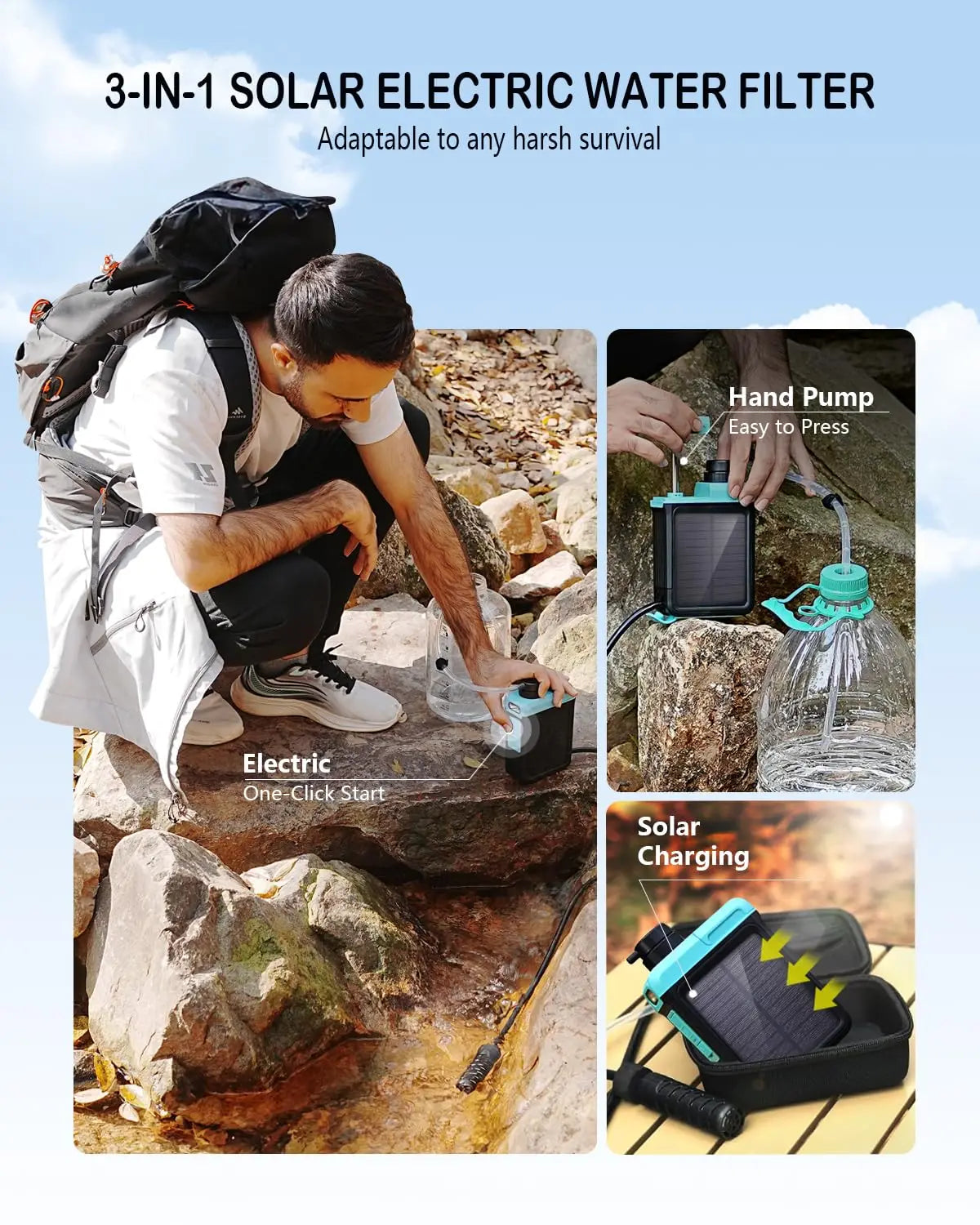 3-in-1 Solar Electric Water Filter with Hand Pump - Portable Camping Purifier Survival Kit Emergency Light