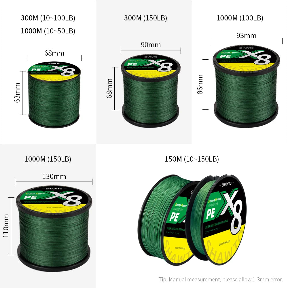 Shawto X8 Strong 300M 1000M 8 Strand Weaves PE Braided Fishing Line Multifilament 8 Braid Wire 10LB 20LB 30LB 50LB 100LB 150LB