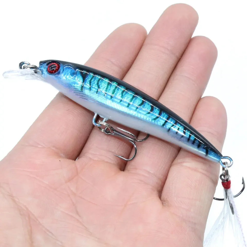 Laser Minnow Fishing Lure 10/5Pcs Artificial Bionic 9cm/7g Swing Hard Bait with Feather Tackle Hook Wobbler Pesca for Bass Pike