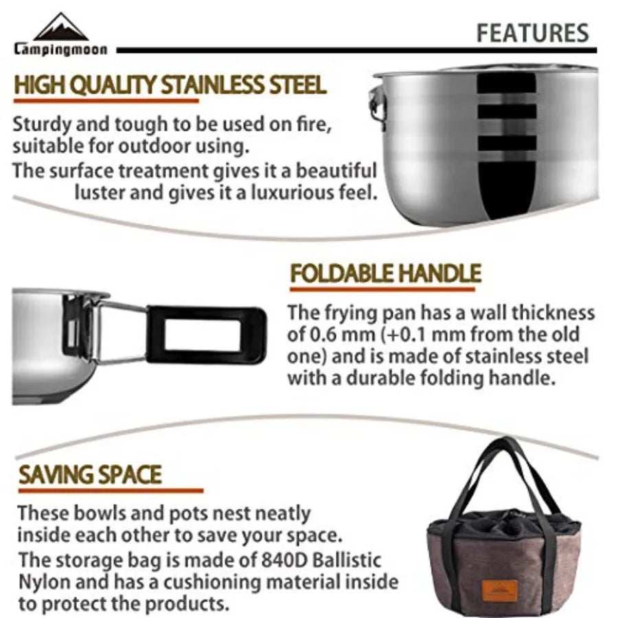CAMPINGMOON Camping Cookware Set Stainless Steel Outdoor Nesting Cooking Mess Kit Pots Pans Bowls with Storage Carrying Tote Ba