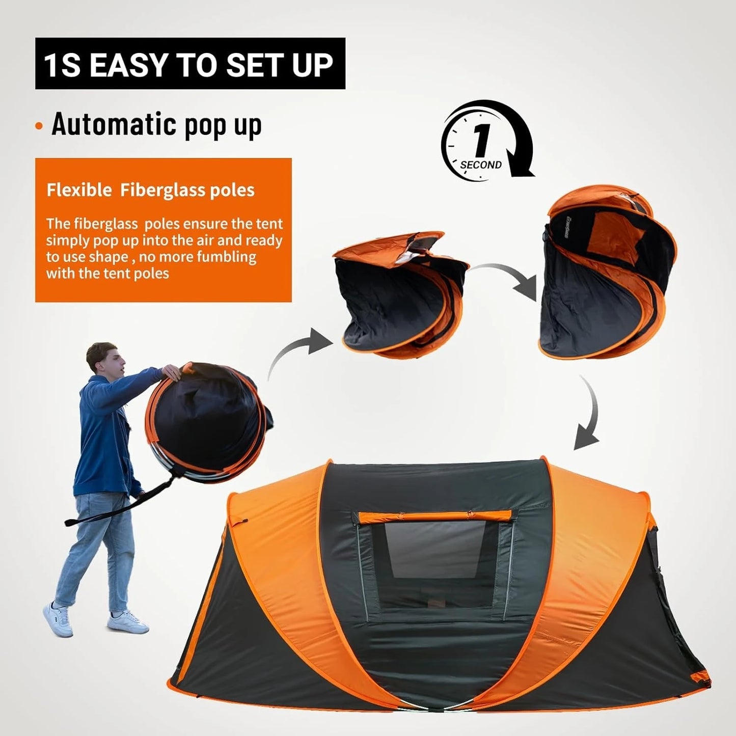 Instant Pop Up Camping Tent,6 Person, Easy Setup Tent, Water Resistant Dome, Portable with Carry Bag