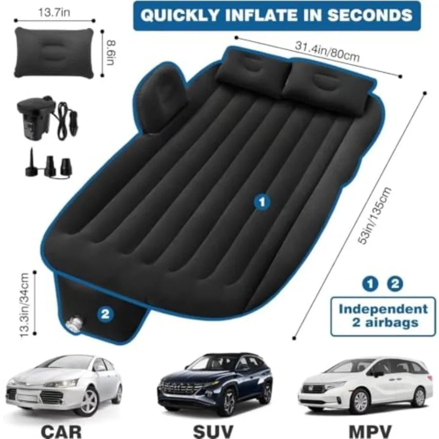 SUV Air Mattress Thickened Double-Sided Inflatable Car Bed with Electric Air Pump and 2 Pillows for Home Outdoor Travel Black
