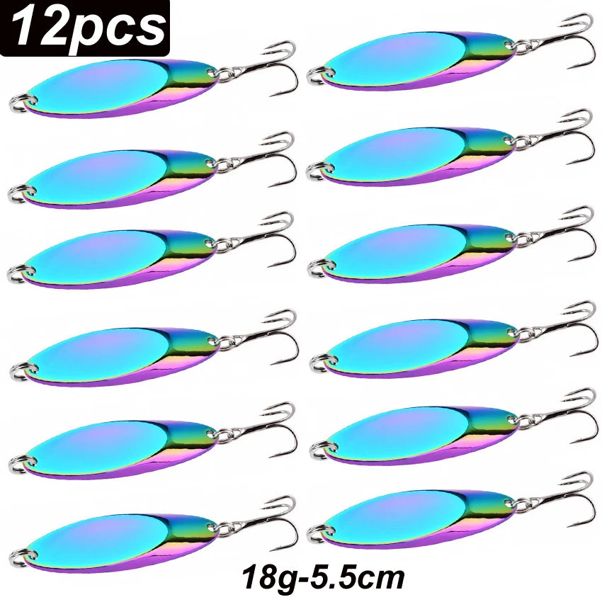 12pcs Metal Spinner Spoon Lures Trout Fishing Lure Hard Bait Sequins Paillette Artificial Baits Spinnerbait Fish Tools 1.5g-56g