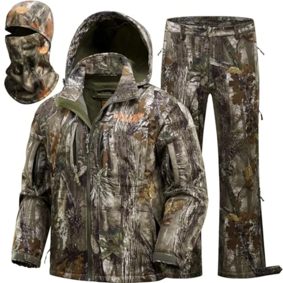 Camo Hunting Clothes for Men Quiet Warm Fleece Lining Cold Weather Deer Hunting Jacket and Pants with Face Mask Ideal for Outdo