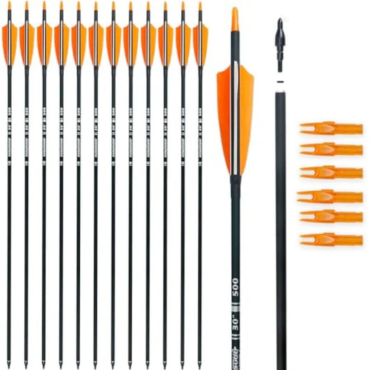 30 Carbon Arrows for Archery Target Practice Hunting with 4 Turkey Feather Fletched Spine 500 Arrows for Traditional Bow Recurv