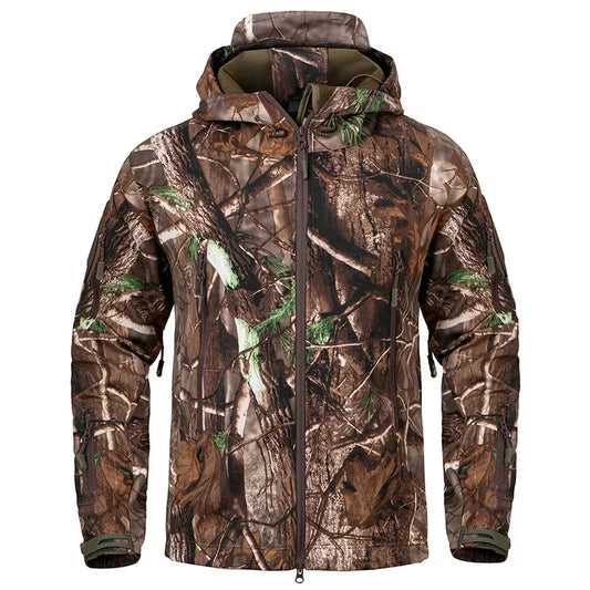 Men's Silent Camouflage Hunting Jacket Soft Shell Outdoor Hiking Fishing Hooded Coat Waterproof Fleece Tactical Jackets