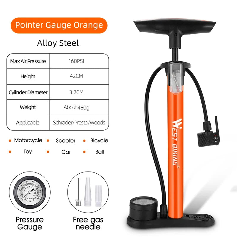 WEST BIKING 160PSI Bicycle Air Pump With Gauge Schrader Presta High Pressure Tire Inflator MTB Road Bike Pump Accessories